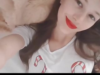 Teen brunette babe wearing her red lip liner while posing on a porno movie and she is fingering her raw shaven cooter slot until she ejaculates